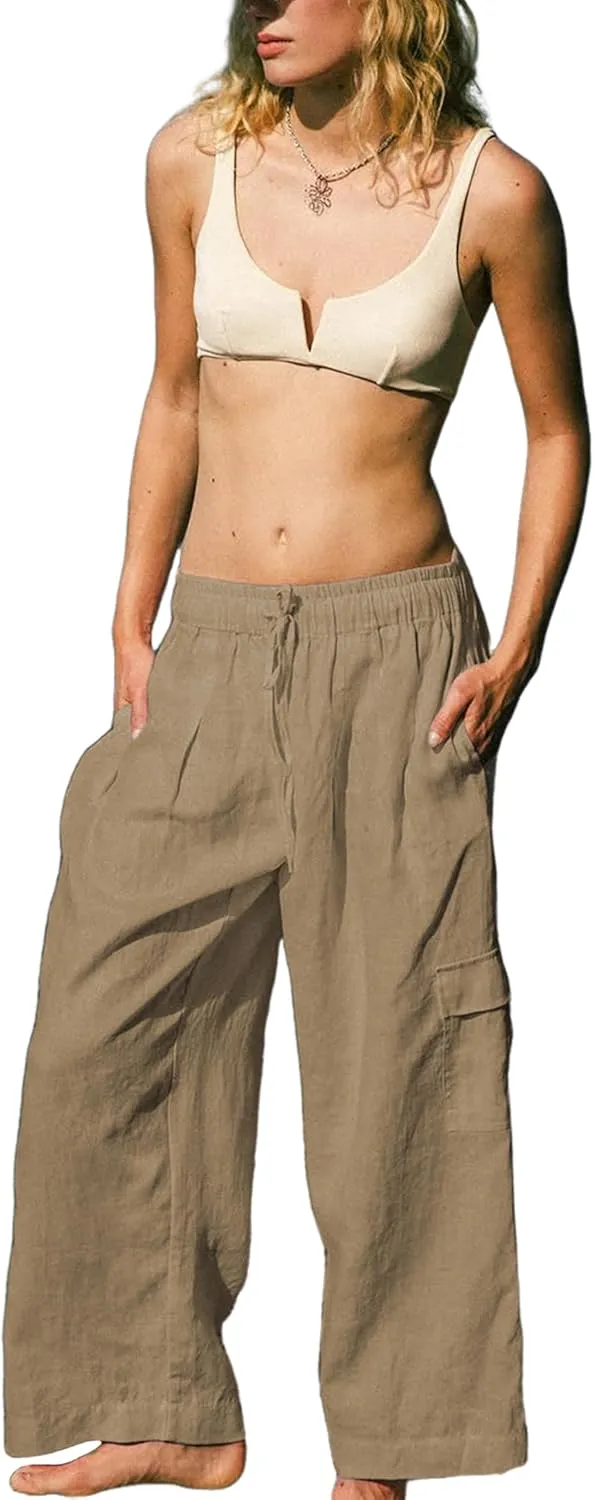 Women Linen Beach Pants Lightweight Cargo Sweatpants Wide Leg Elastic Waist Palazzo Pants Cover Up with Pockets