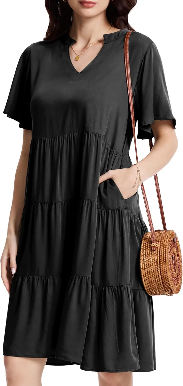 Womens Casual Tiered Swing Midi Dress Ruffle Sleeve V Neck A Line Loose Summer Dresses with Pockets