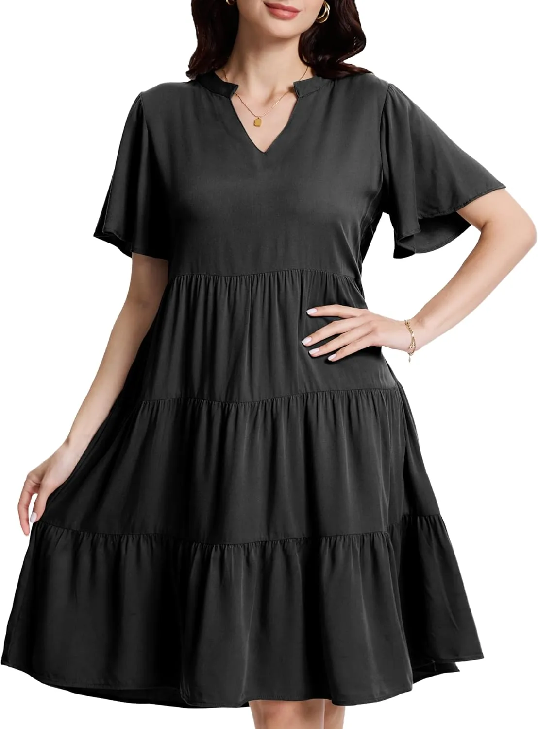 Womens Casual Tiered Swing Midi Dress Ruffle Sleeve V Neck A Line Loose Summer Dresses with Pockets