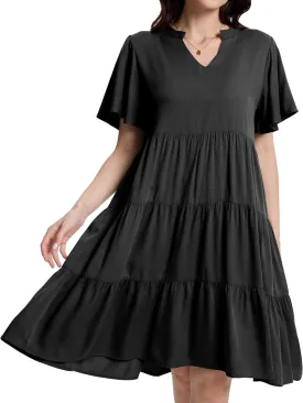 Womens Casual Tiered Swing Midi Dress Ruffle Sleeve V Neck A Line Loose Summer Dresses with Pockets