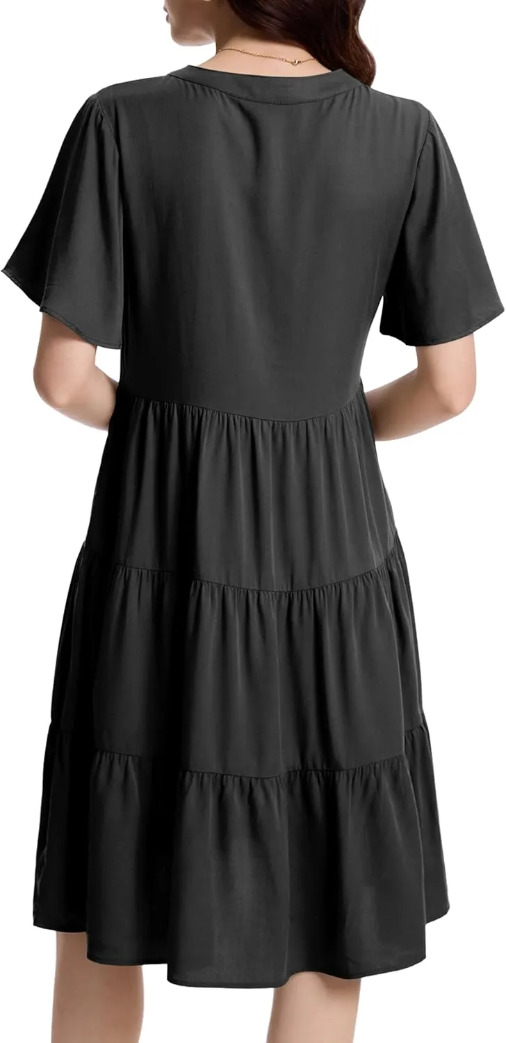 Womens Casual Tiered Swing Midi Dress Ruffle Sleeve V Neck A Line Loose Summer Dresses with Pockets