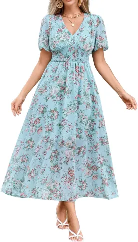Women's Floral Maxi Dress Flowy V Neck Empire Waist Summer Wedding Guest Party Casual Chiffon Dress
