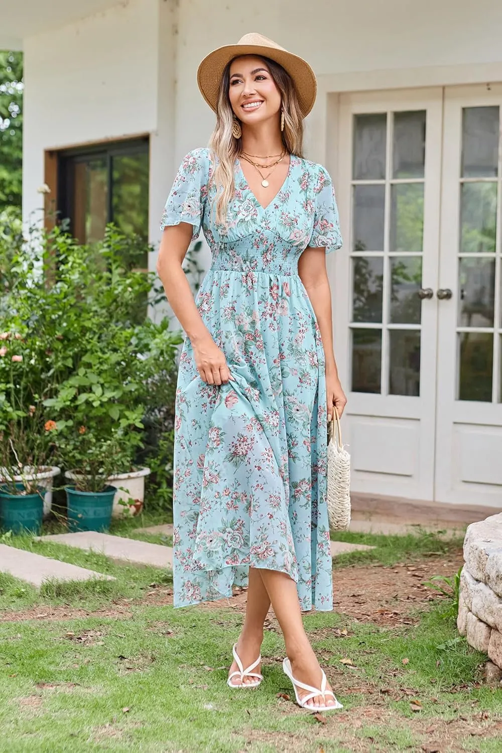 Women's Floral Maxi Dress Flowy V Neck Empire Waist Summer Wedding Guest Party Casual Chiffon Dress