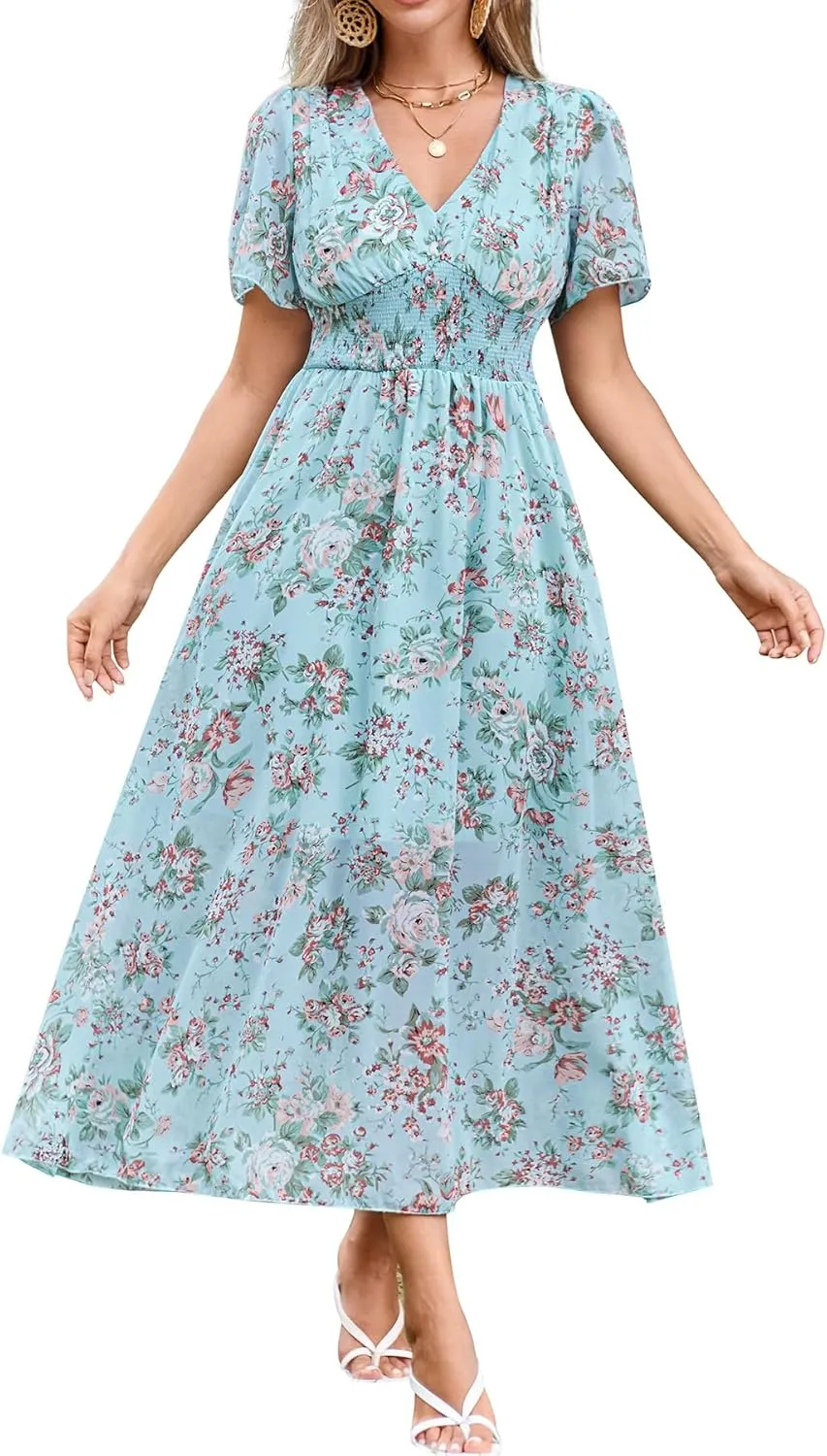Women's Floral Maxi Dress Flowy V Neck Empire Waist Summer Wedding Guest Party Casual Chiffon Dress