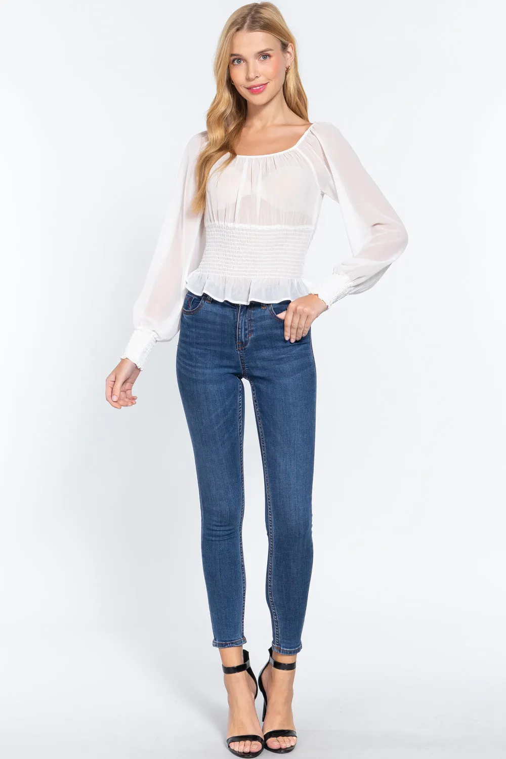 Women's Long Slv Smocked Chiffon Top