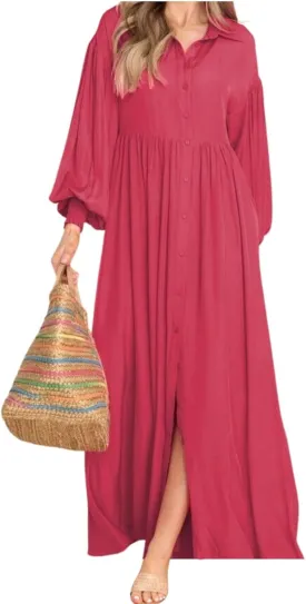 Women's Plus Size Maxi Dress 2024 Summer Fall Long Sleeve Button Down Shirt Casual Flowy Long Wedding Guest Dress