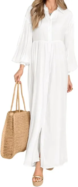 Women's Plus Size Maxi Dress 2024 Summer Fall Long Sleeve Button Down Shirt Casual Flowy Long Wedding Guest Dress