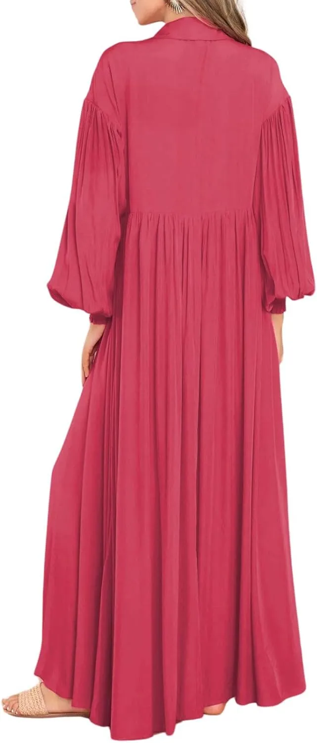 Women's Plus Size Maxi Dress 2024 Summer Fall Long Sleeve Button Down Shirt Casual Flowy Long Wedding Guest Dress