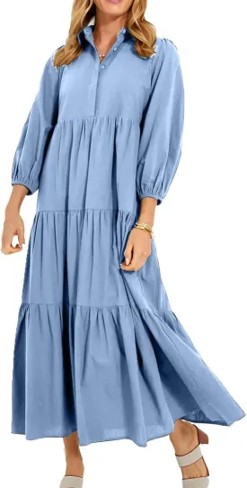 Women's Plus Size Maxi Dress 2024 Summer Fall Long Sleeve Button Down Shirt Casual Flowy Long Wedding Guest Dress