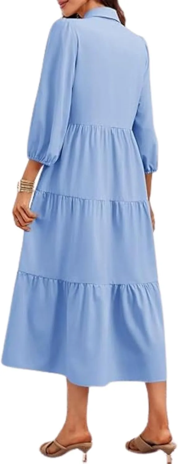 Women's Plus Size Maxi Dress 2024 Summer Fall Long Sleeve Button Down Shirt Casual Flowy Long Wedding Guest Dress