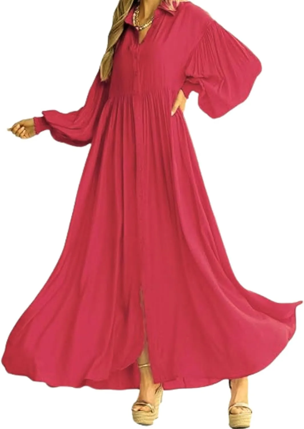 Women's Plus Size Maxi Dress 2024 Summer Fall Long Sleeve Button Down Shirt Casual Flowy Long Wedding Guest Dress