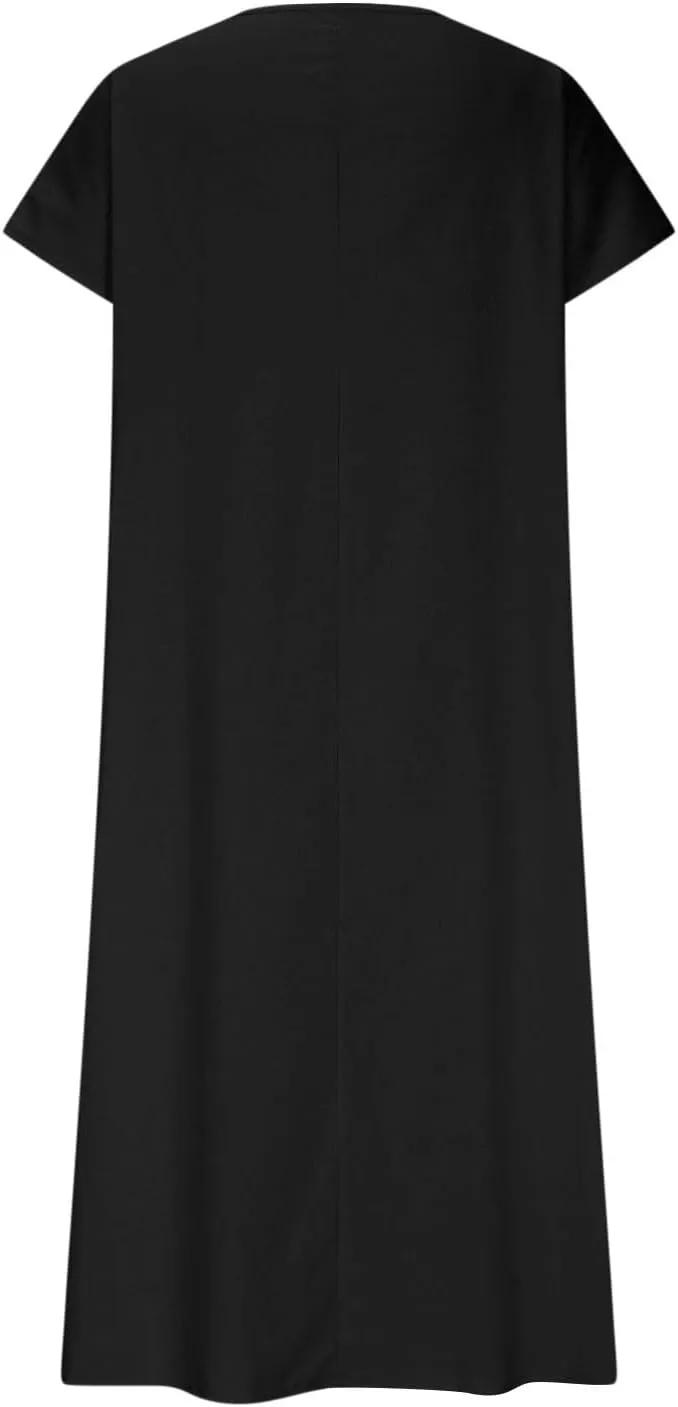 Womens Short Sleeve Cotton Linen Dresses Summer Beach V Neck Casual Boho Loose Ankle Length Long T-Shirt Dress