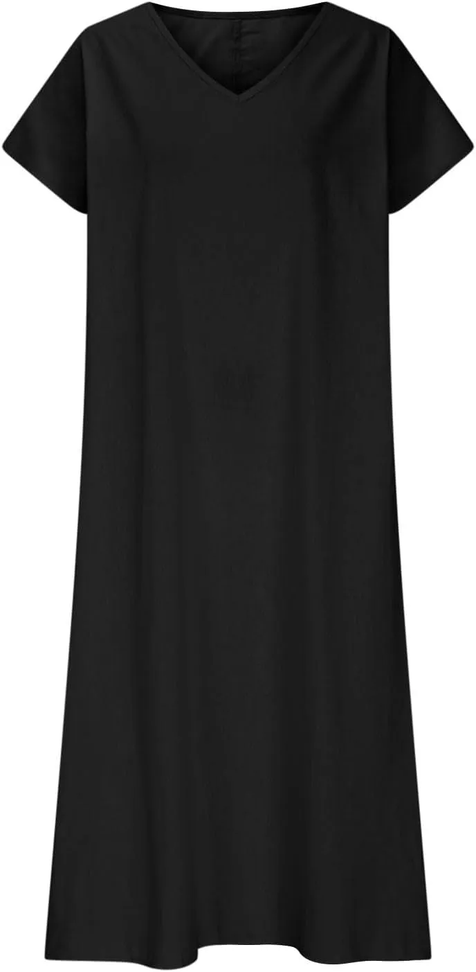 Womens Short Sleeve Cotton Linen Dresses Summer Beach V Neck Casual Boho Loose Ankle Length Long T-Shirt Dress