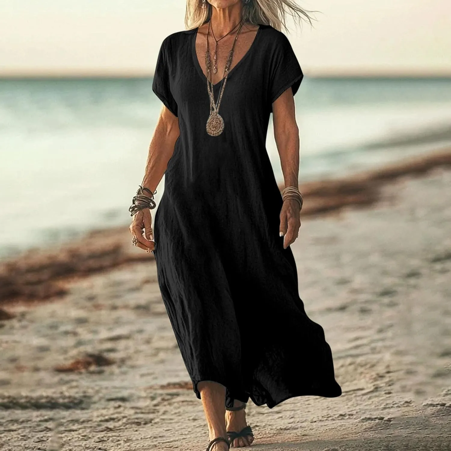 Womens Short Sleeve Cotton Linen Dresses Summer Beach V Neck Casual Boho Loose Ankle Length Long T-Shirt Dress