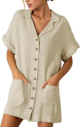 ZAFUL Women's 2025 Summer Button Down Dress Pockets Short Sleeves V-Neck Collar Vacation Beach Cotton T Shirt Dresses