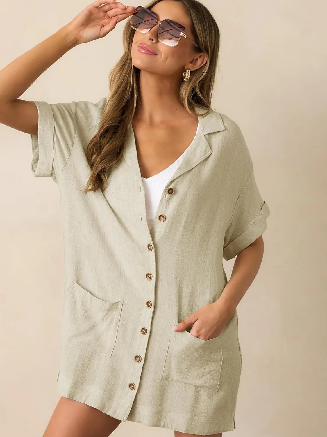 ZAFUL Women's 2025 Summer Button Down Dress Pockets Short Sleeves V-Neck Collar Vacation Beach Cotton T Shirt Dresses