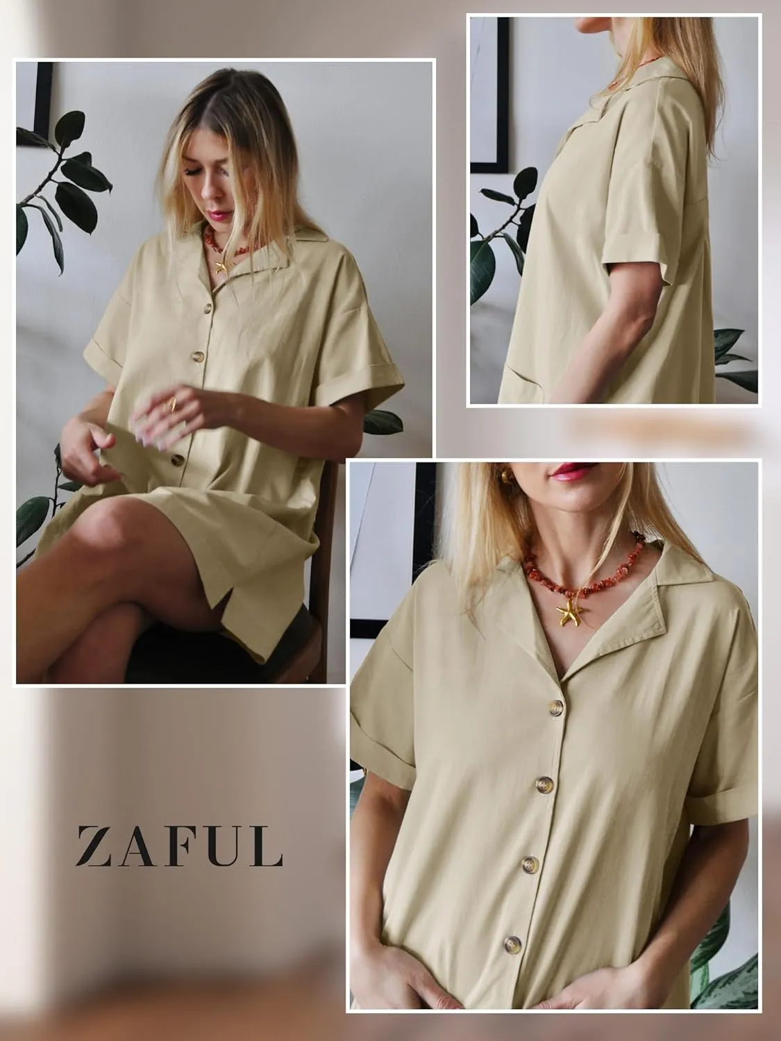 ZAFUL Women's 2025 Summer Button Down Dress Pockets Short Sleeves V-Neck Collar Vacation Beach Cotton T Shirt Dresses