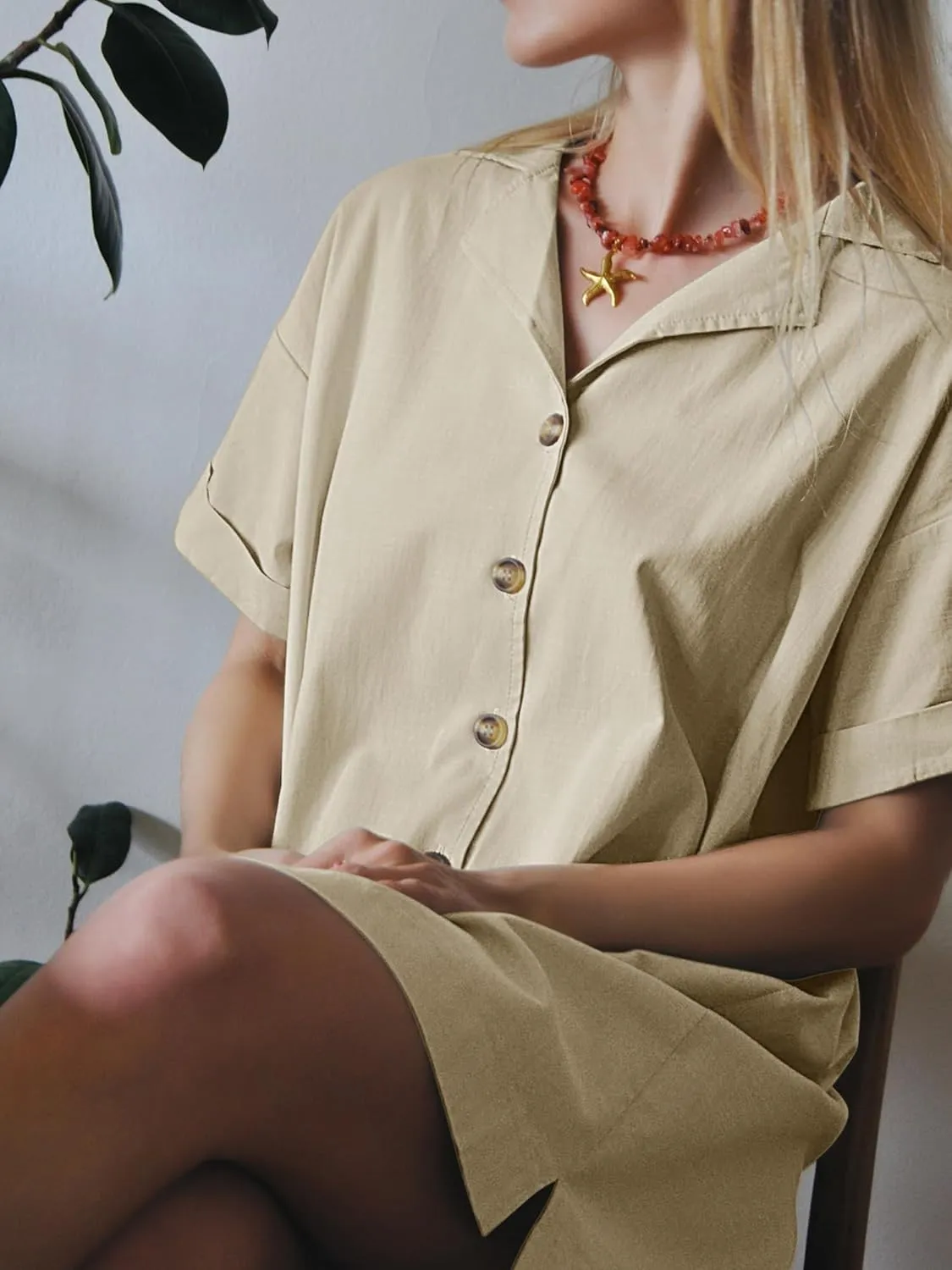 ZAFUL Women's 2025 Summer Button Down Dress Pockets Short Sleeves V-Neck Collar Vacation Beach Cotton T Shirt Dresses