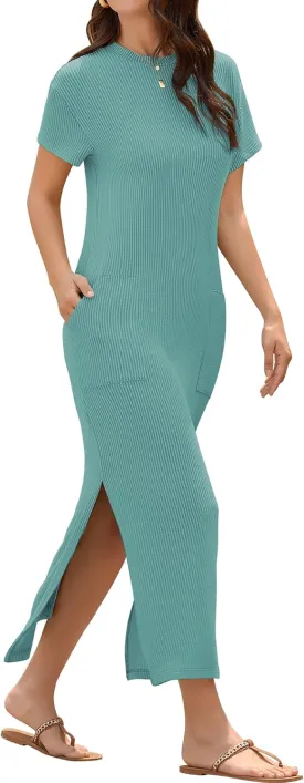 ZAFUL Women's 2025 Summer Casual Split Maxi Dress Pockets Crewneck Short Sleeves Double Slit Cotton Long T Shirt Dresses