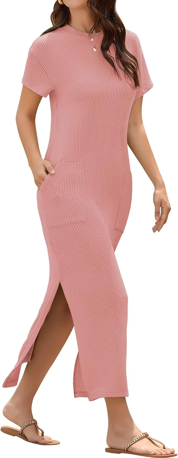 ZAFUL Women's 2025 Summer Casual Split Maxi Dress Pockets Crewneck Short Sleeves Double Slit Cotton Long T Shirt Dresses