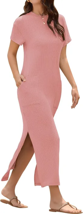 ZAFUL Women's 2025 Summer Casual Split Maxi Dress Pockets Crewneck Short Sleeves Double Slit Cotton Long T Shirt Dresses