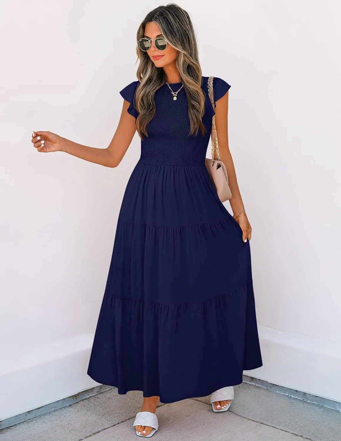 ZESICA Women's 2025 Summer Casual Flutter Short Sleeve Crew Neck Smocked Elastic Waist Tiered Midi Dress