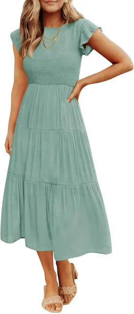 ZESICA Women's 2025 Summer Casual Flutter Short Sleeve Crew Neck Smocked Elastic Waist Tiered Midi Dress