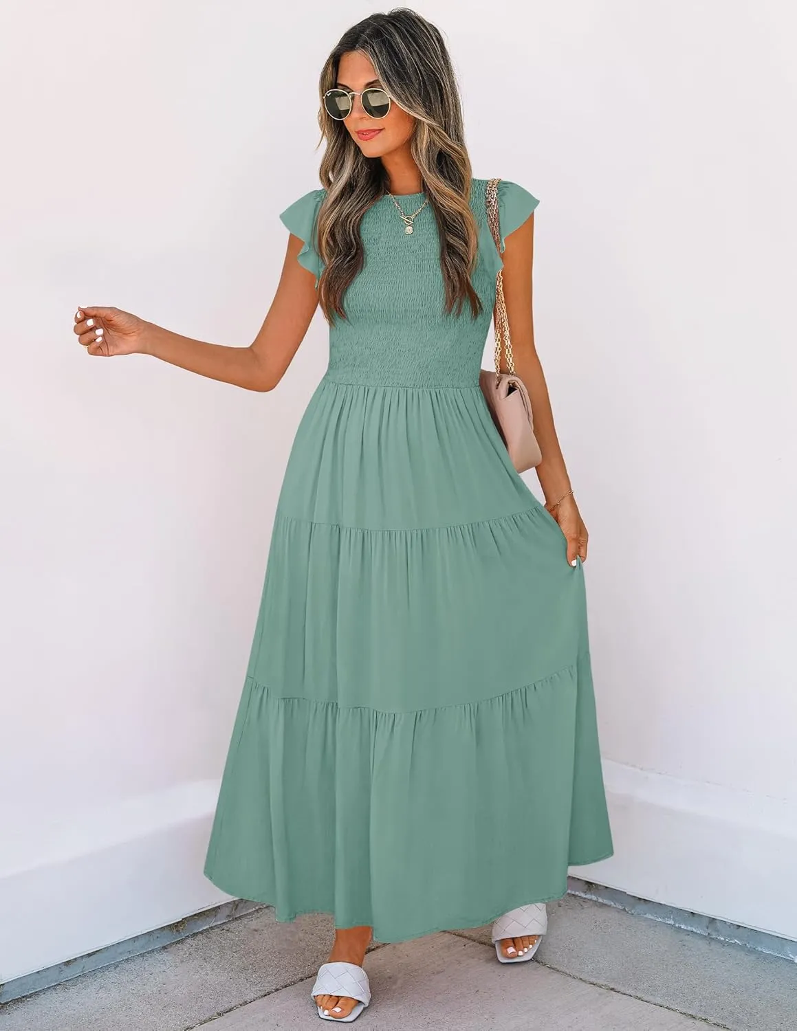 ZESICA Women's 2025 Summer Casual Flutter Short Sleeve Crew Neck Smocked Elastic Waist Tiered Midi Dress