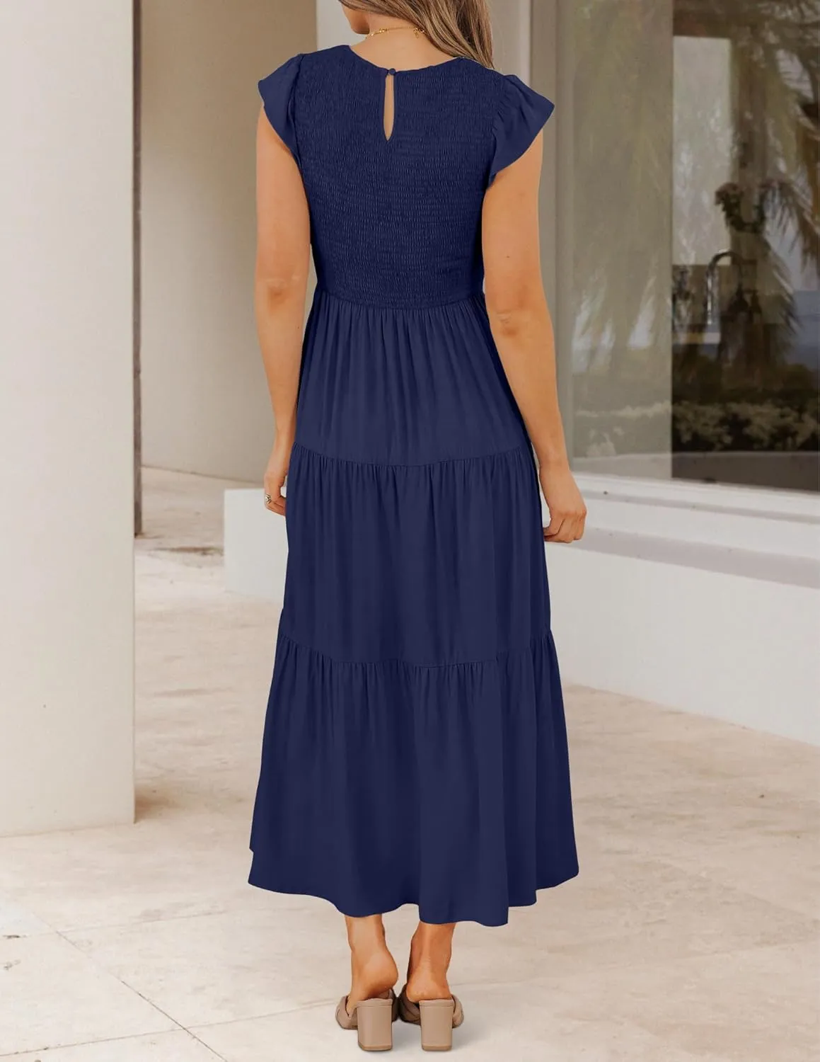 ZESICA Women's 2025 Summer Casual Flutter Short Sleeve Crew Neck Smocked Elastic Waist Tiered Midi Dress