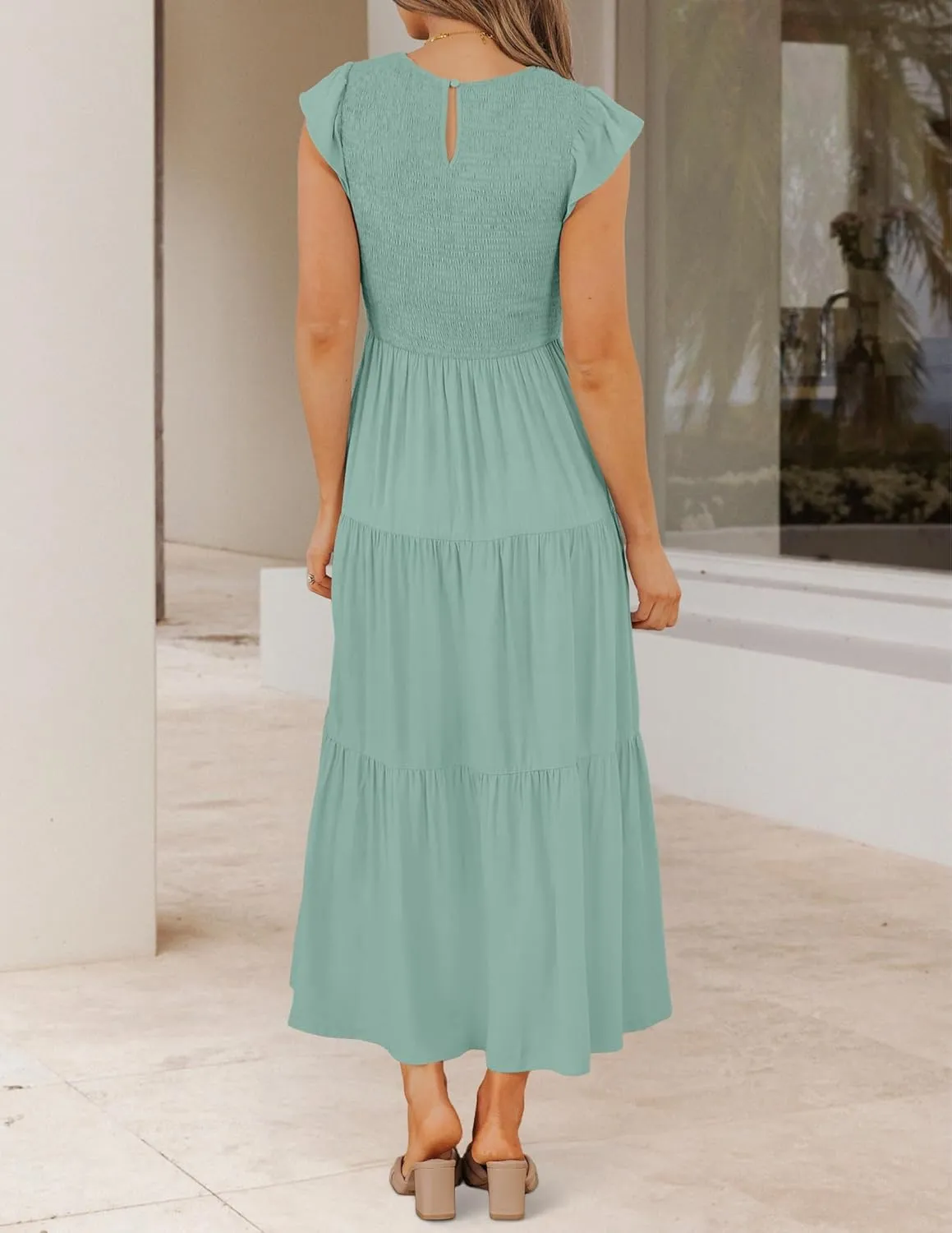 ZESICA Women's 2025 Summer Casual Flutter Short Sleeve Crew Neck Smocked Elastic Waist Tiered Midi Dress